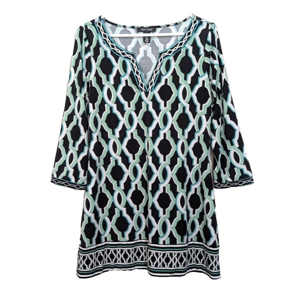 White House Black Market LARGE Green Black Mini-Dress Tunic 3/4 Sleeves V-Neck